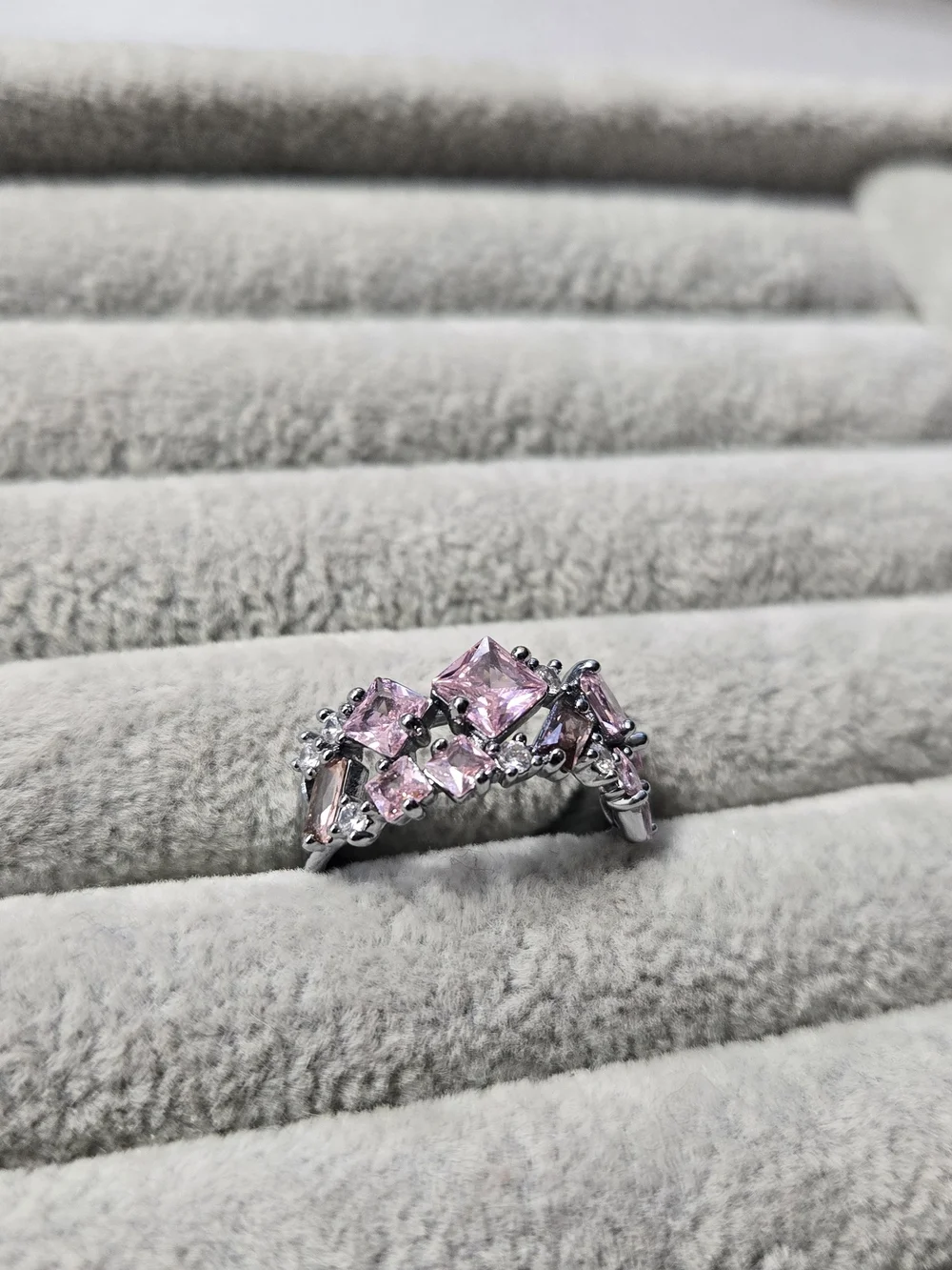 Size 8 Rose Quartz Rhodium Plated Eternity Bomb Party Ring